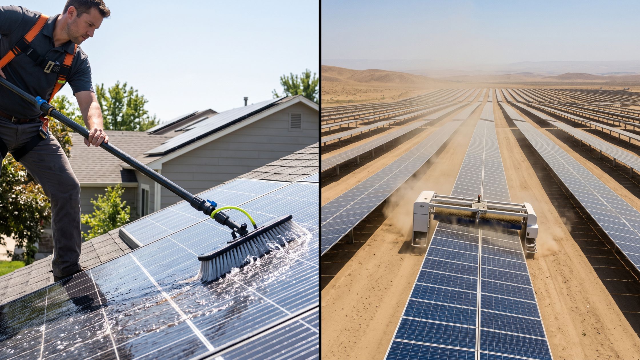 A split screen showing manual solar panel cleaning with a water-fed pole next to an automated robotic dry-cleaning system on a commercial solar farm.