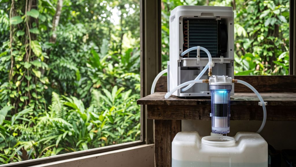 A customized DIY air fountain extracting water from humid air into a food-safe filtration reservoir, powered by an off-grid solar system.