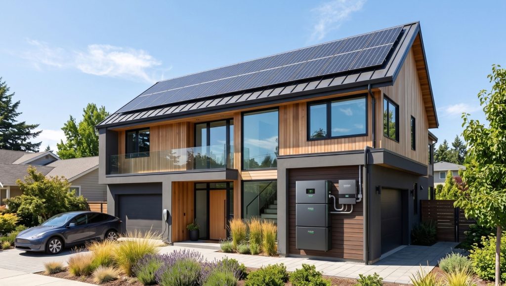 A modern residential home exterior featuring roof-mounted solar panels connected to a sleek off-grid solar battery storage system on a sunny day.