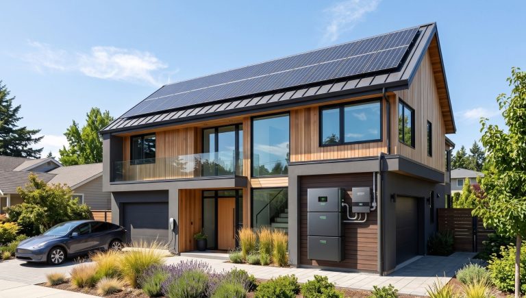 A modern residential home exterior featuring roof-mounted solar panels connected to a sleek off-grid solar battery storage system on a sunny day.