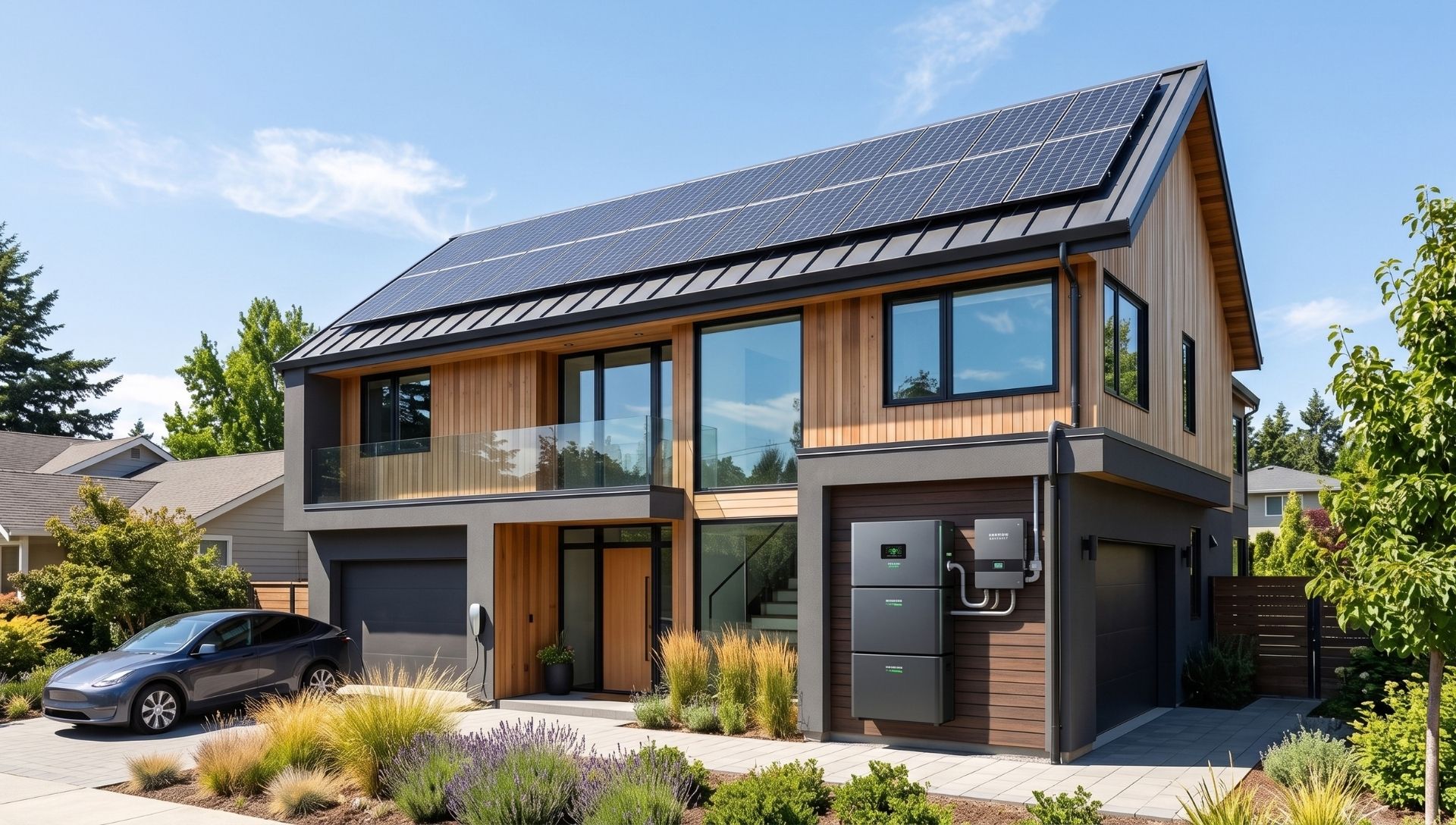 A modern residential home exterior featuring roof-mounted solar panels connected to a sleek off-grid solar battery storage system on a sunny day.