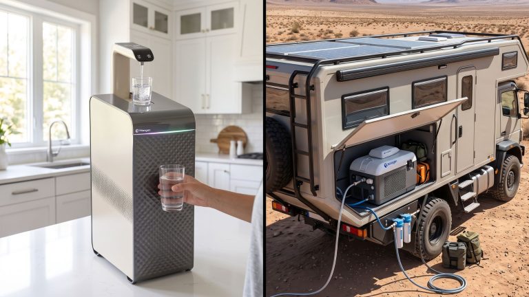A split-screen showing a premium atmospheric water generator dispensing water in a home kitchen next to a mobile AWG unit installed in an off-grid RV.