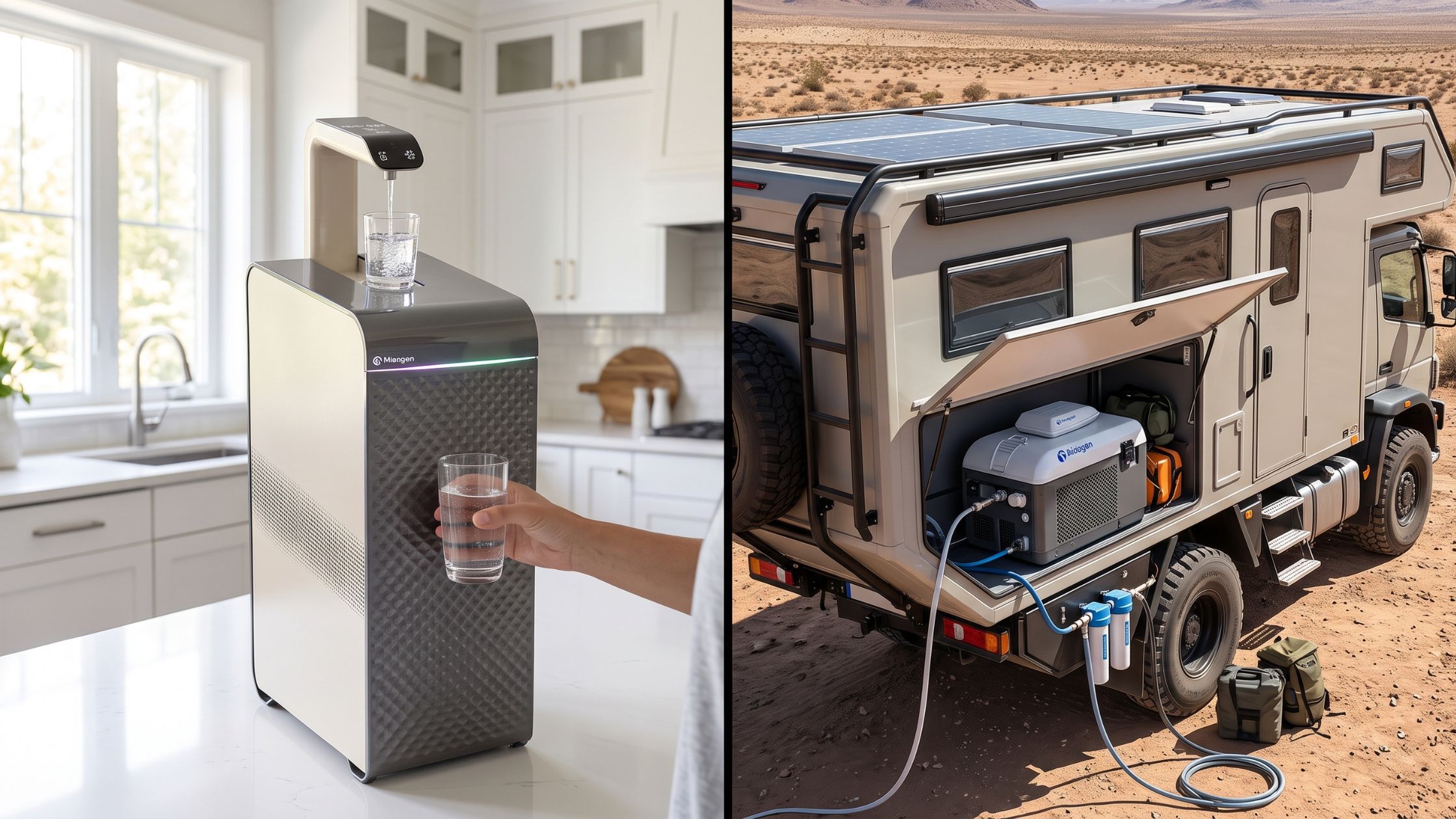 A split-screen showing a premium atmospheric water generator dispensing water in a home kitchen next to a mobile AWG unit installed in an off-grid RV.