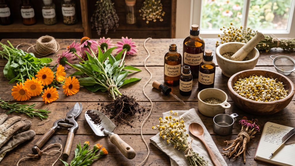 Freshly harvested medicinal herbs next to amber tincture bottles and dried plant bundles on a wooden apothecary table.