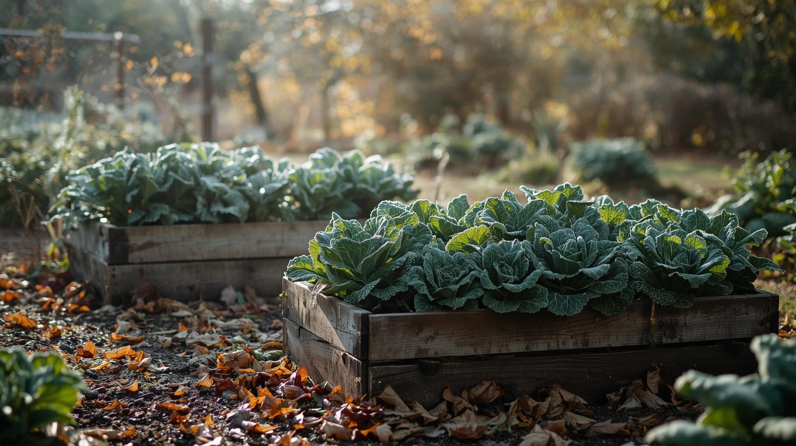 Fall garden with cold-hardy vegetables under light frost