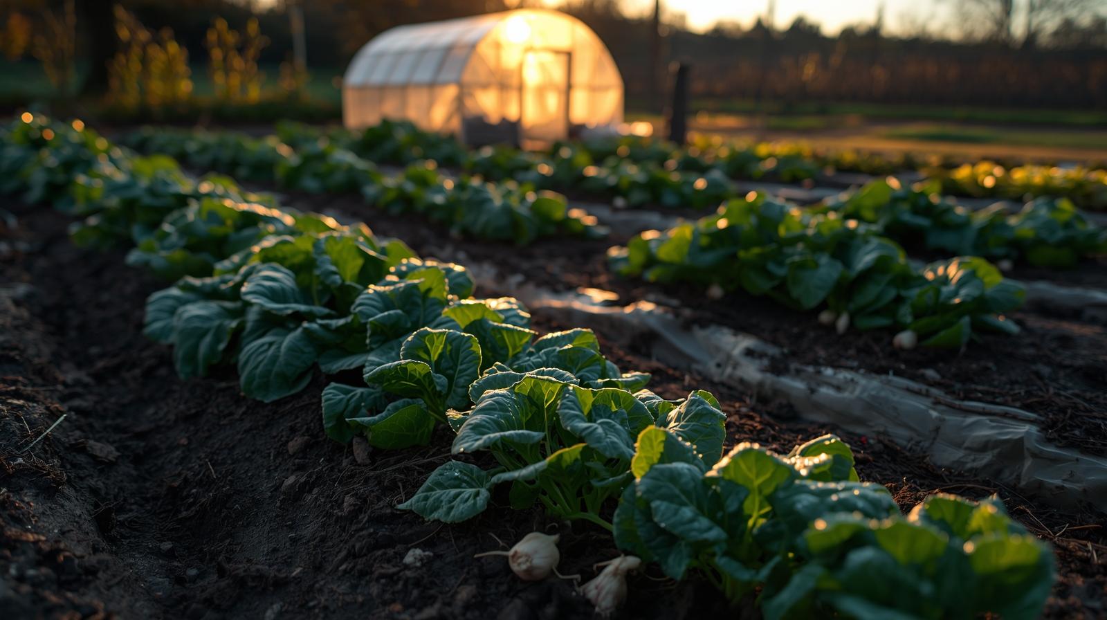 Frost-covered autumn garden bed with hardy vegetables like kale and spinach