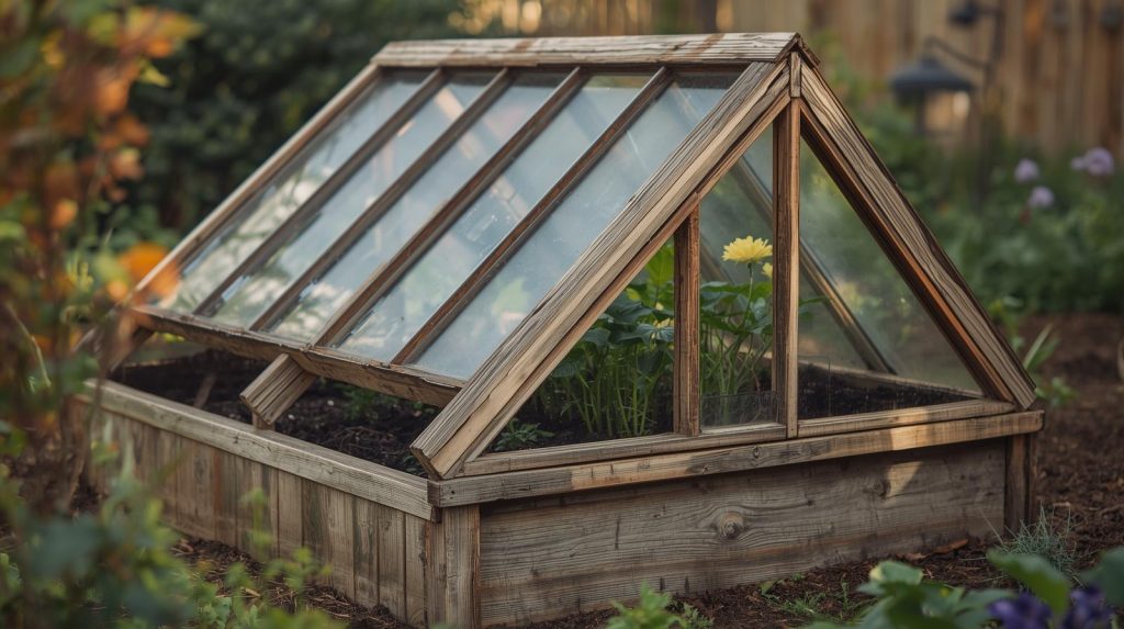 Homemade cold frame protecting greens in winter