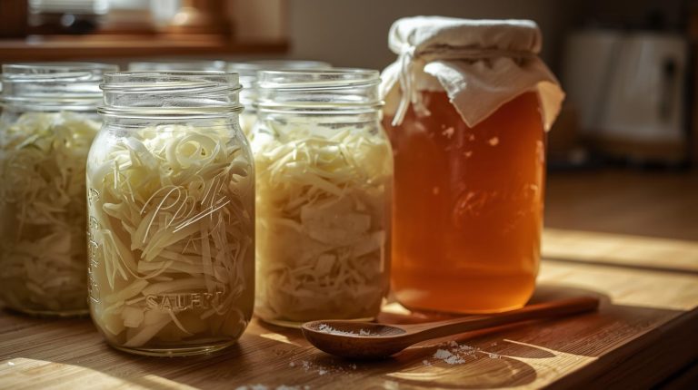 Sunlit kitchen counter in warm wood tones