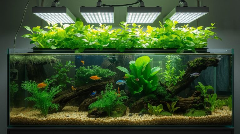 Indoor aquaponics system with fish tank and herbs growing under LED lights