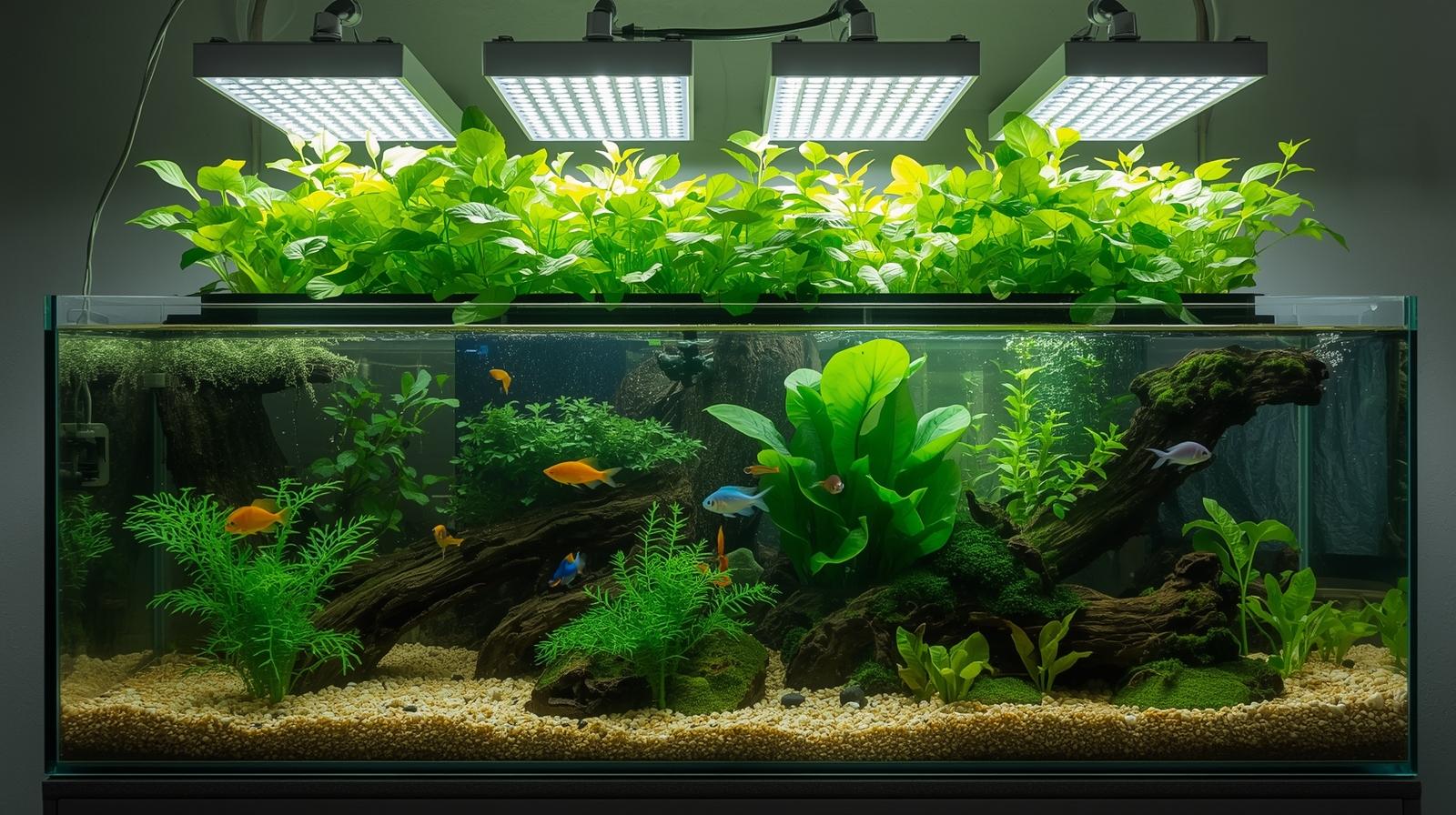 Indoor aquaponics system with fish tank and herbs growing under LED lights
