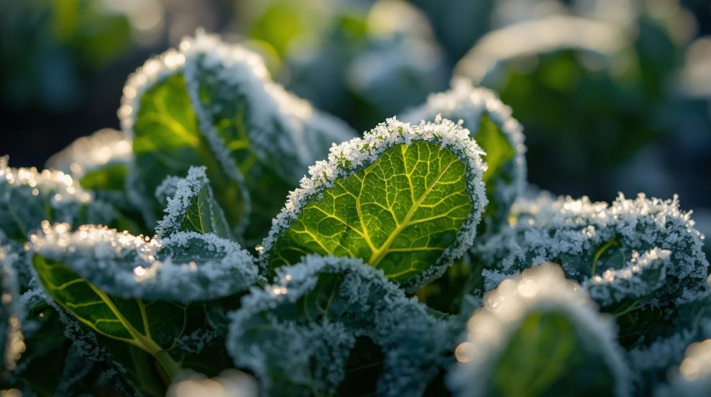 Spinach under frost showing cold tolerance