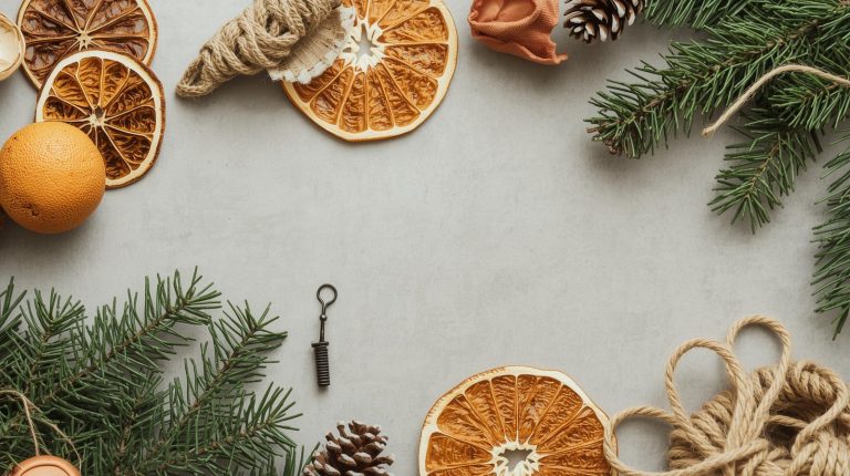 Zero-waste holiday decor flat lay featuring dried oranges, greenery, pinecones, and natural twine.