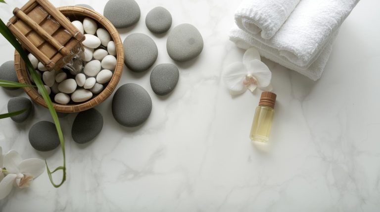 eco-friendly self-care products on bamboo tray with plants