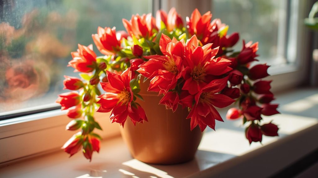 Christmas Cactus with red flowers blooming during winter holidays.