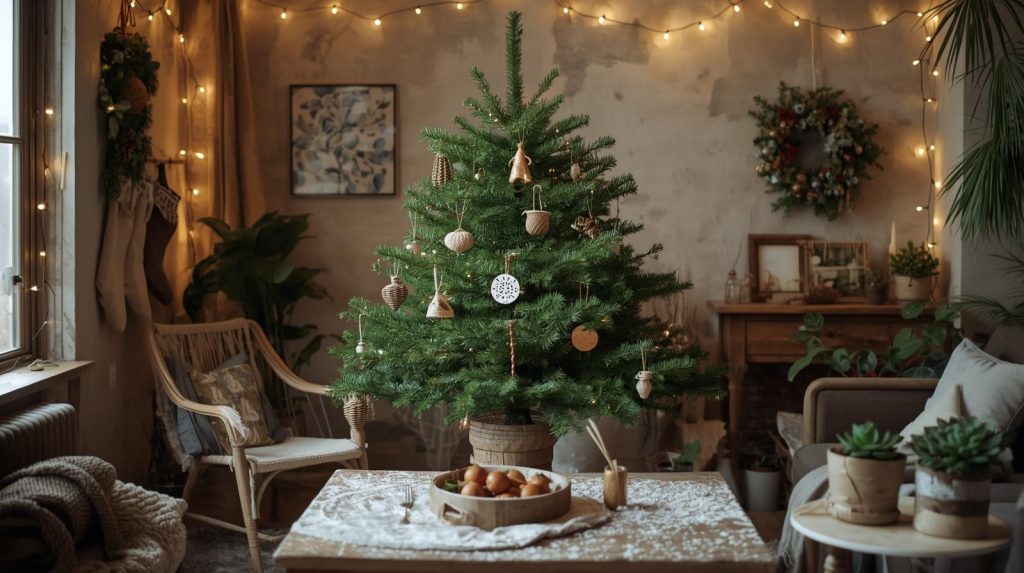 A cozy, rustic living room illuminated by soft fairy lights.