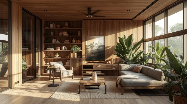 Circular home living concept with natural materials, wood, glass, plants, and reusable containers.