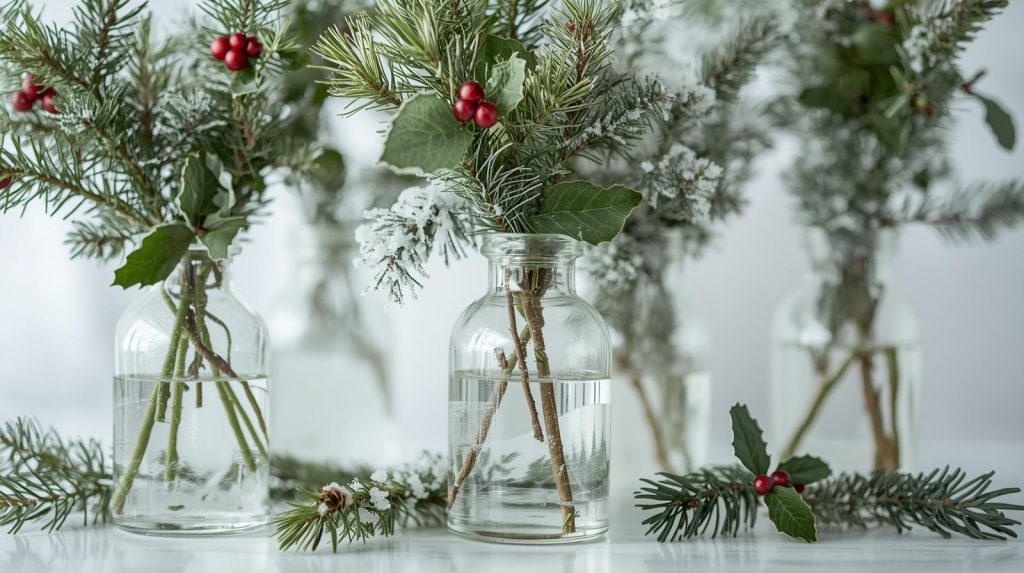 Clear glass bottles filled with winter greenery.