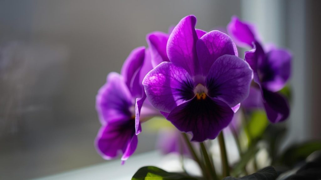 African Violet in bloom by a window symbolizing peace and protection.