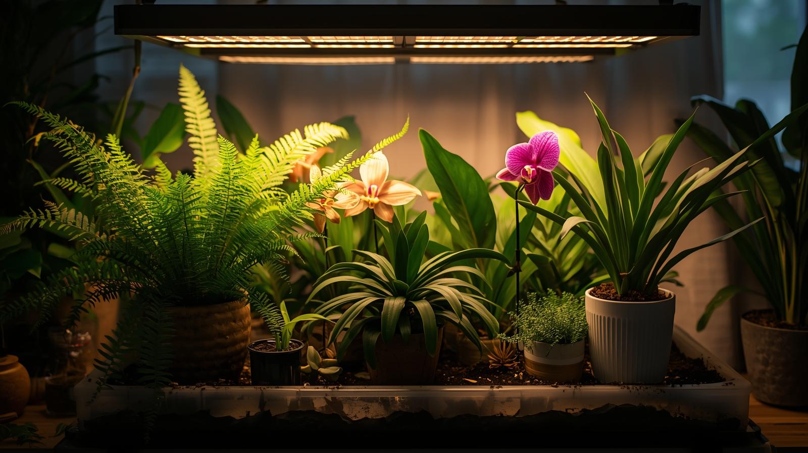 Indoor winter plant setup with grow lights, humidity tray, and tropical houseplants.