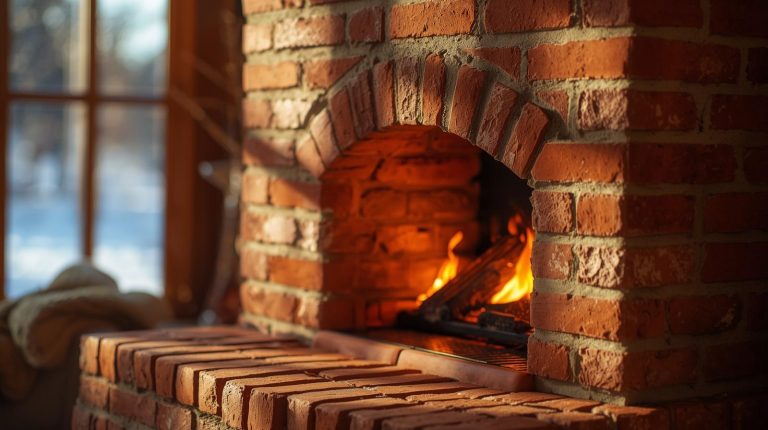 DIY clay brick thermal mass heater radiating warmth in rustic home interior.