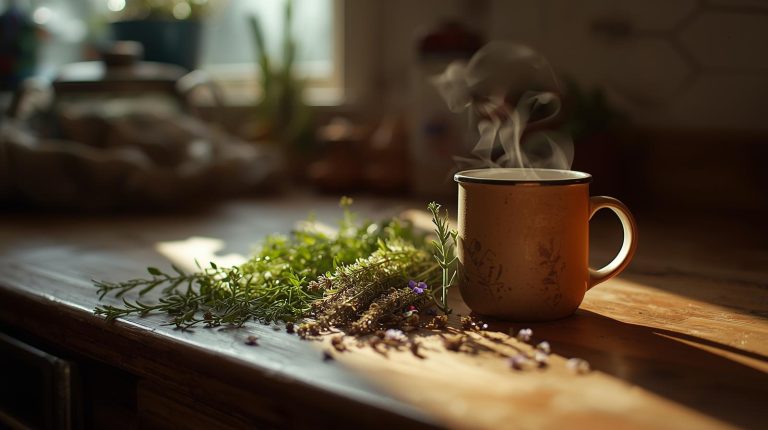 Plant-based winter wellness setup with herbal tea, edible flowers, and indoor greens.