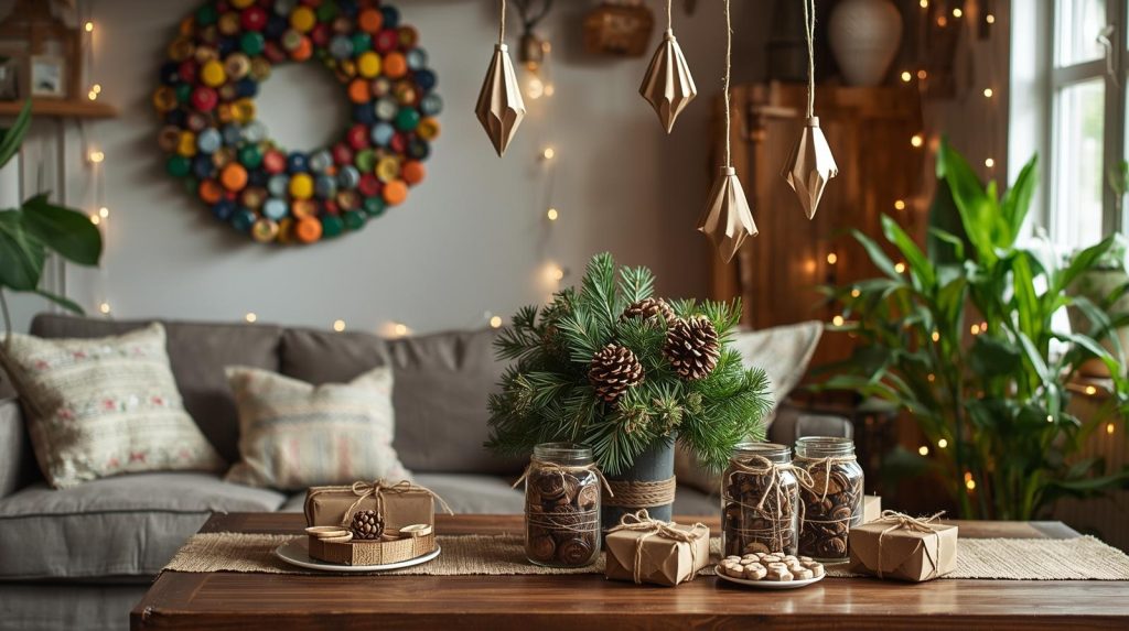 A rustic living room illuminated by warm fairy lights.