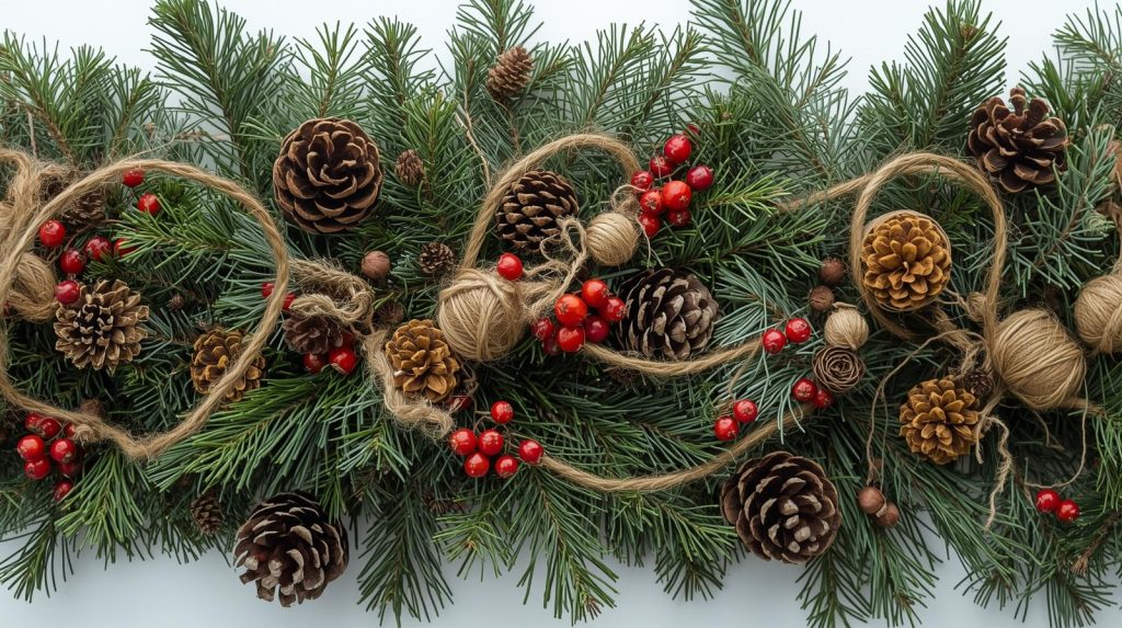 DIY winter greenery garland made from pine and cedar branches with compostable materials.