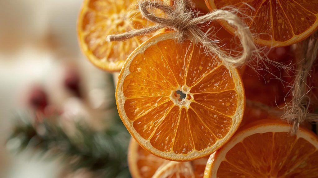 Dried orange slice ornaments hanging with natural jute twine for sustainable holiday decor.