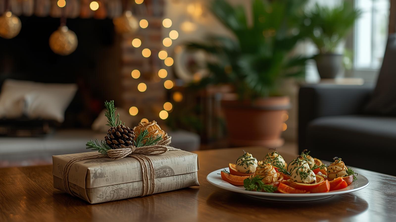 A cozy, rustic living room illuminated by warm, golden fairy lights.