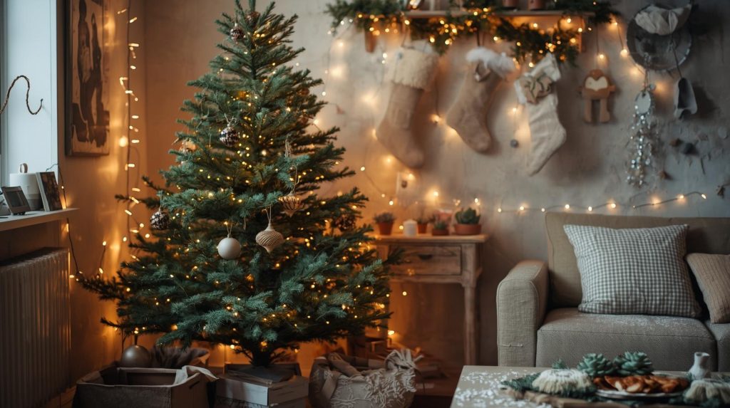 A rustic living room illuminated by warm fairy lights.