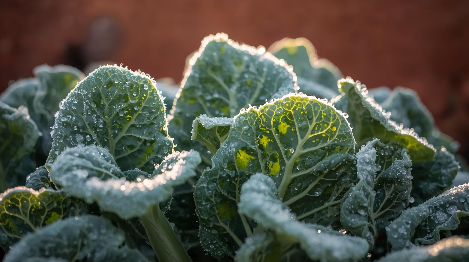 Frost-covered kale and spinach thriving in a winter garden.