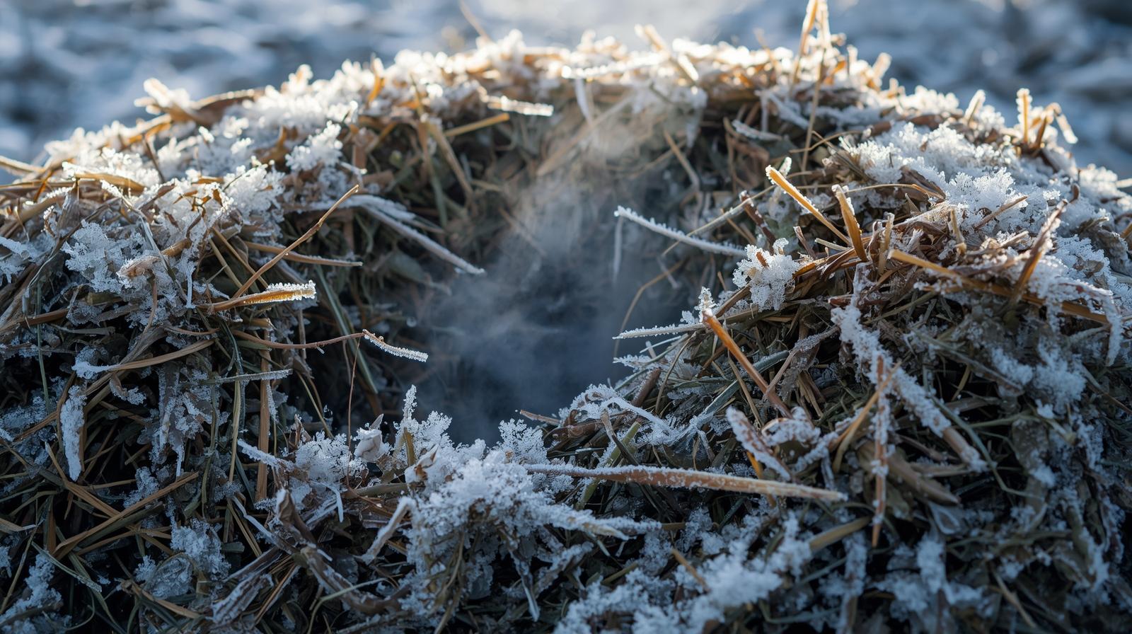 Steaming winter compost pile insulated with straw in a snowy backyard.