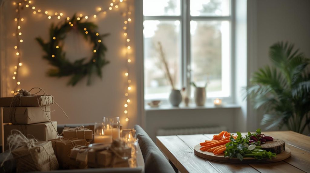 A cozy living room illuminated by warm, energy-efficient LED string lights draped across a minimalist pine wreath.