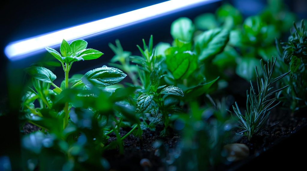 Indoor winter herb garden with LED grow lights and terracotta pots.