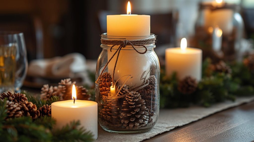 Mason jar lantern filled with pinecones and soy candles.