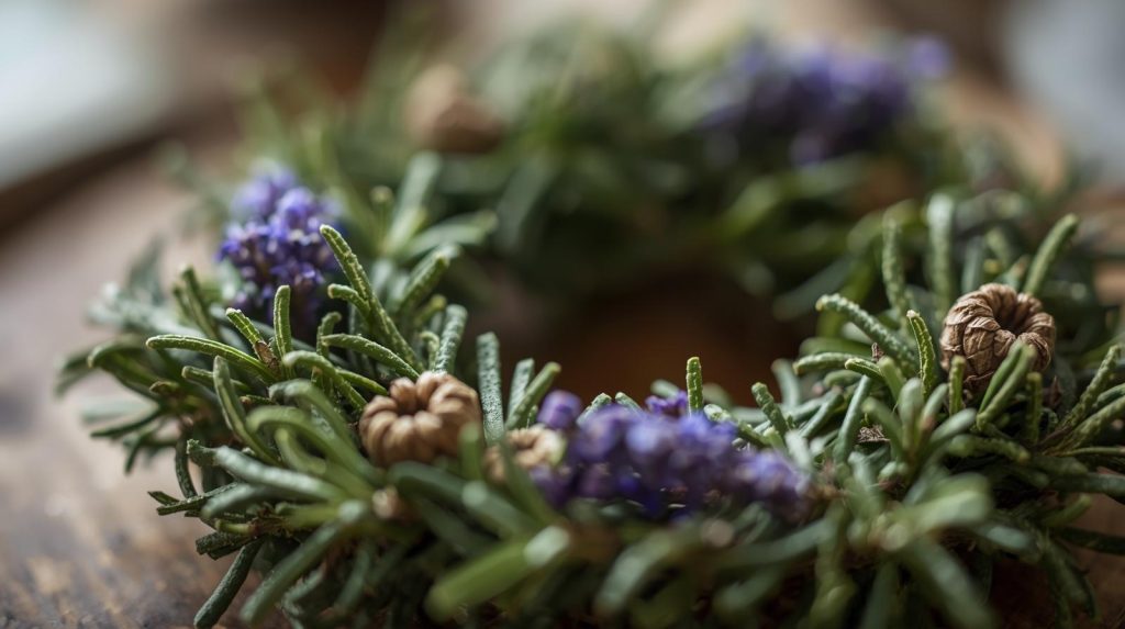 Mini herb wreath made from rosemary and lavender for zero-waste holiday decorating.