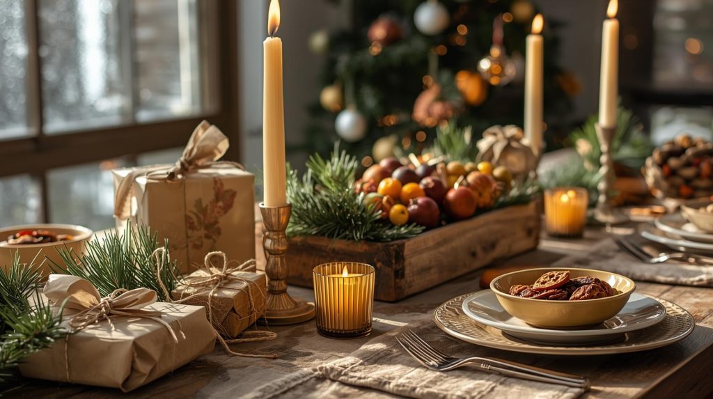 A warmly lit, rustic holiday table showcases eco-friendly decor