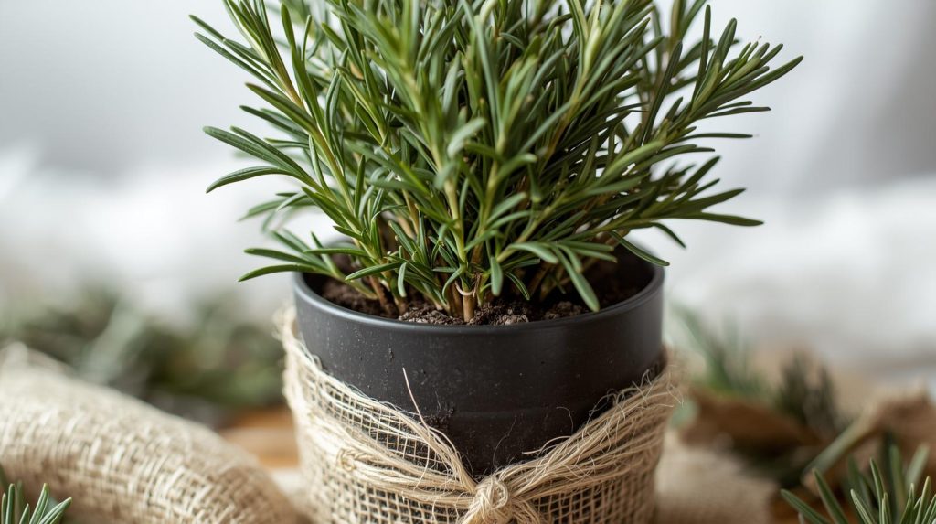 Potted rosemary wrapped in fabric.