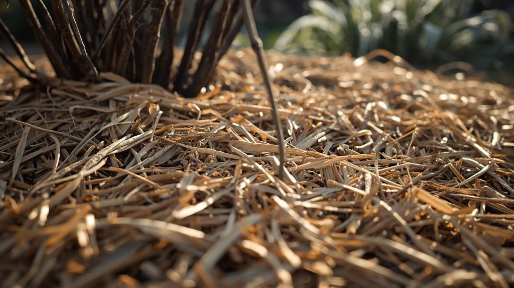 Shredded leaf mulch insulating winter garden beds.