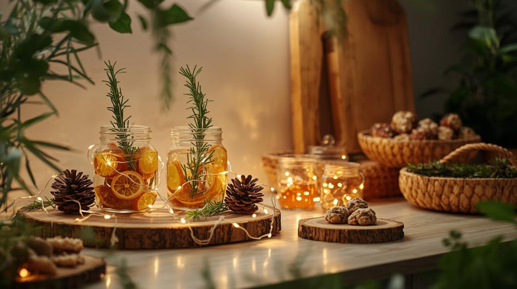 A warmly lit kitchen countertop showcases eco-friendly holiday decor.