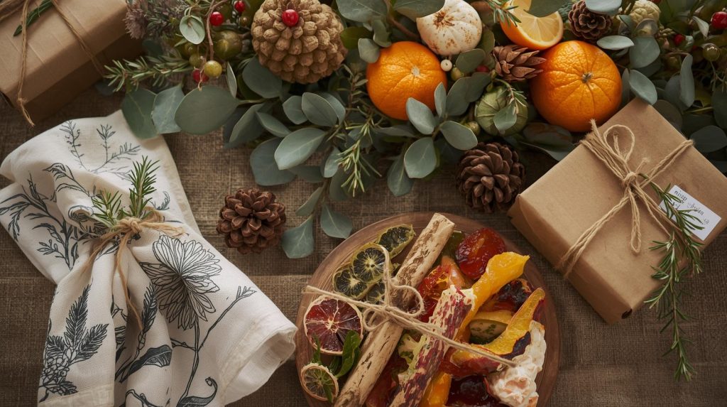 A festive table scene featuring handmade, recycled decor.