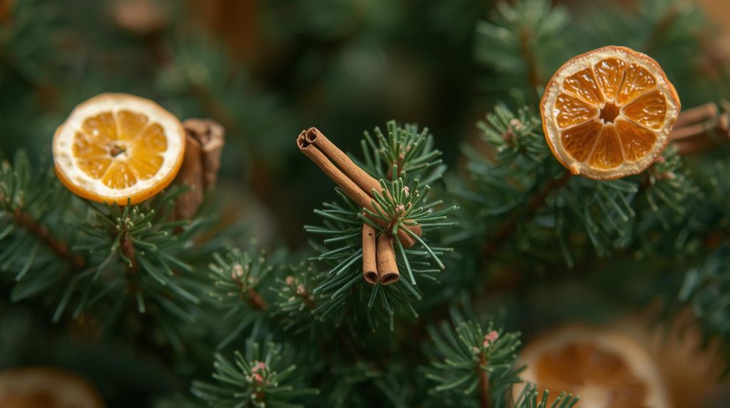 Small pinecone trees decorated with dried citrus and cinnamon.