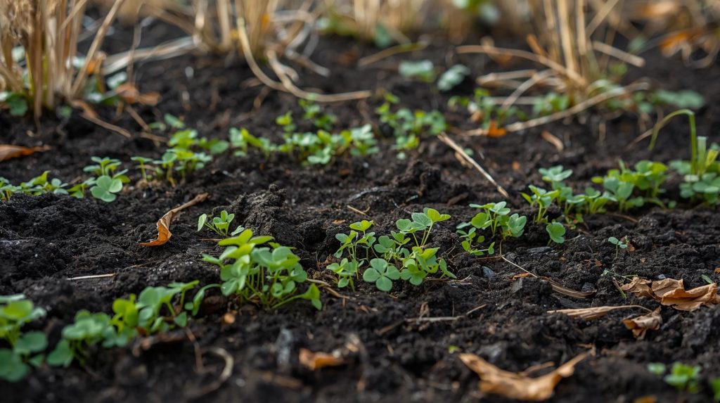 Winter rye and clover sprouting in late-season regenerative beds.