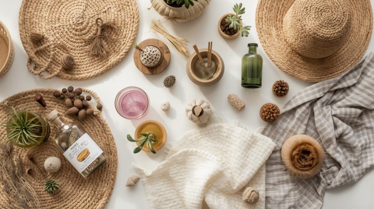 eco-friendly home products flat lay with plants and candles