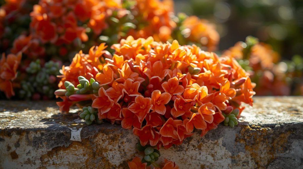 Kalanchoe succulent flowering indoors during winter sunlight.