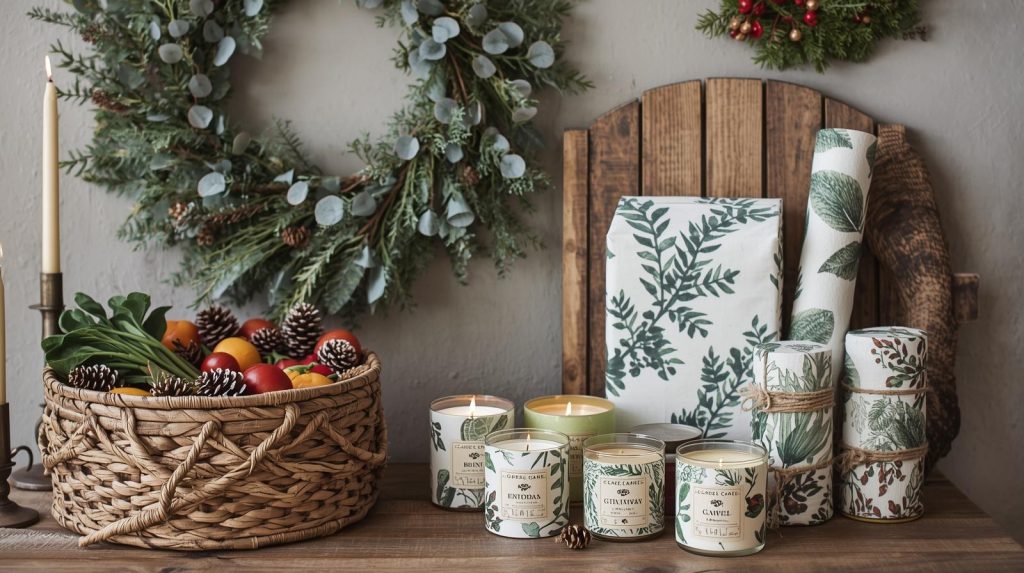A cozy, rustic scene showcasing eco-friendly holiday decor.