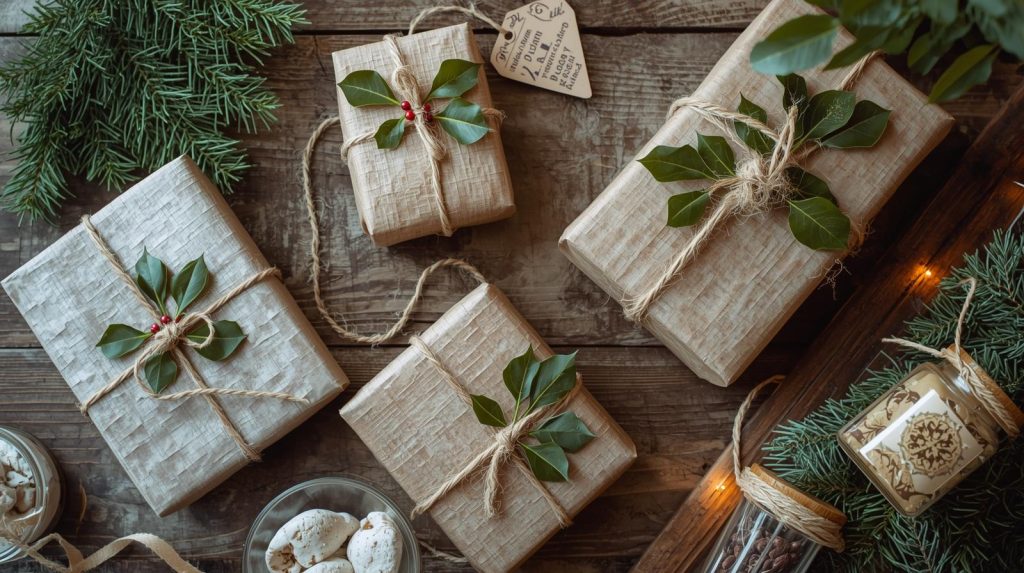A beautifully arranged eco-friendly holiday scene showcases handcrafted gift wraps made from recycled craft paper, decorated with nature-inspired twine and pressed holly leaves.