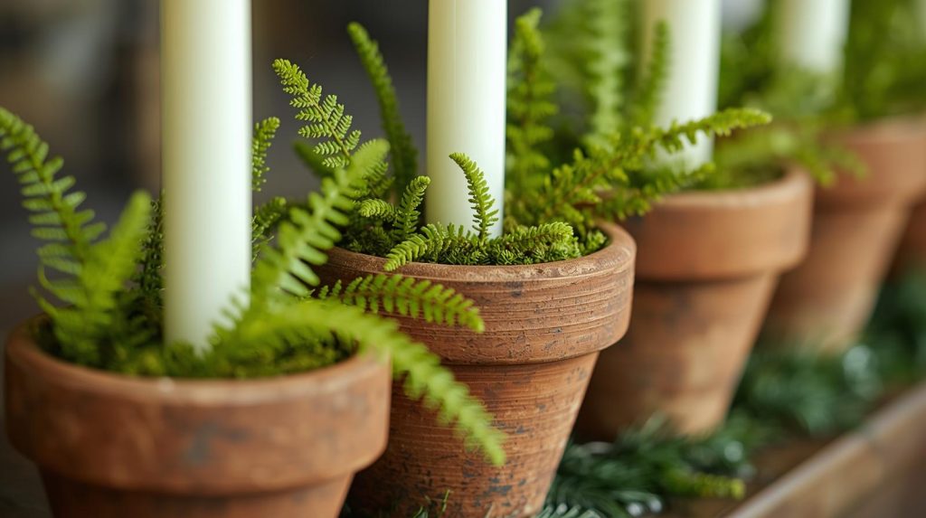 Terracotta pots styled as candle holders with natural greenery accents.