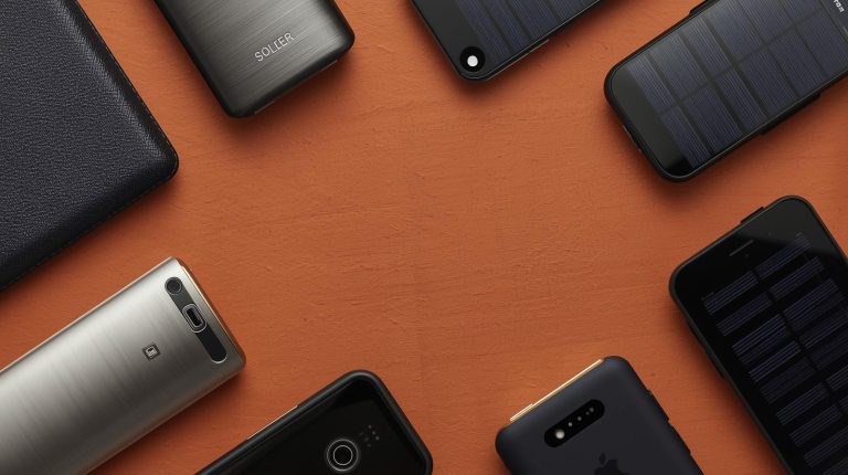 Solar gadgets arranged in a clean, modern flat-lay.