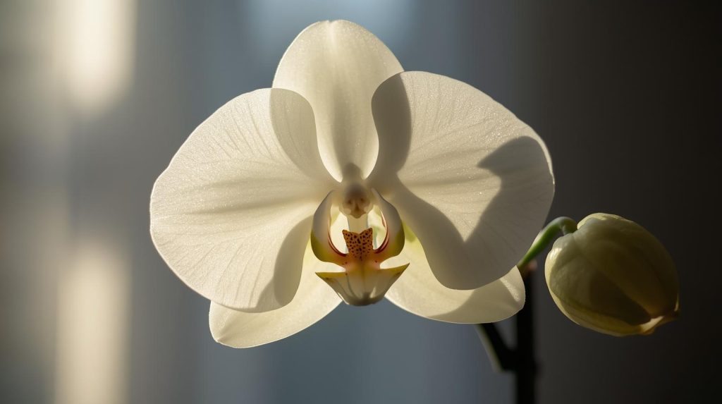 White orchid symbolizing calm and spiritual patience during winter.